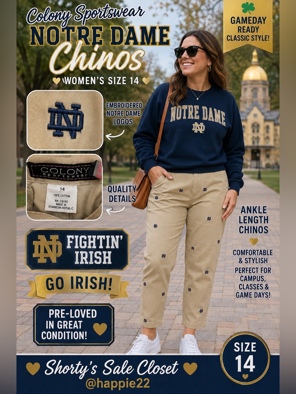 Women’s Cropped Notre Dame Logo Chino Tan Pants Sz 14